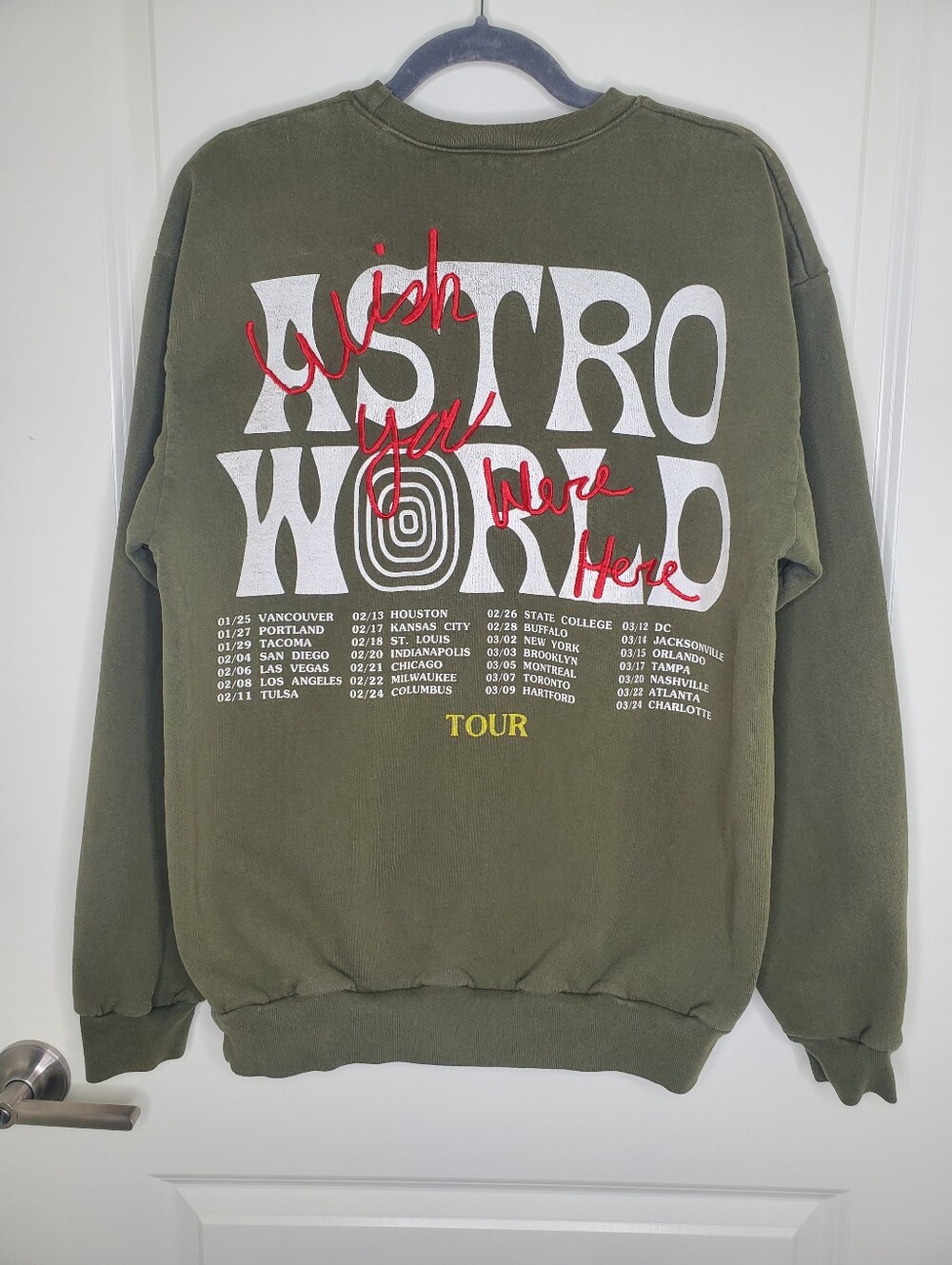 Travis Scott Astroworld Wish You Were Here Bear Olive Green Crewneck Sweatshirt
